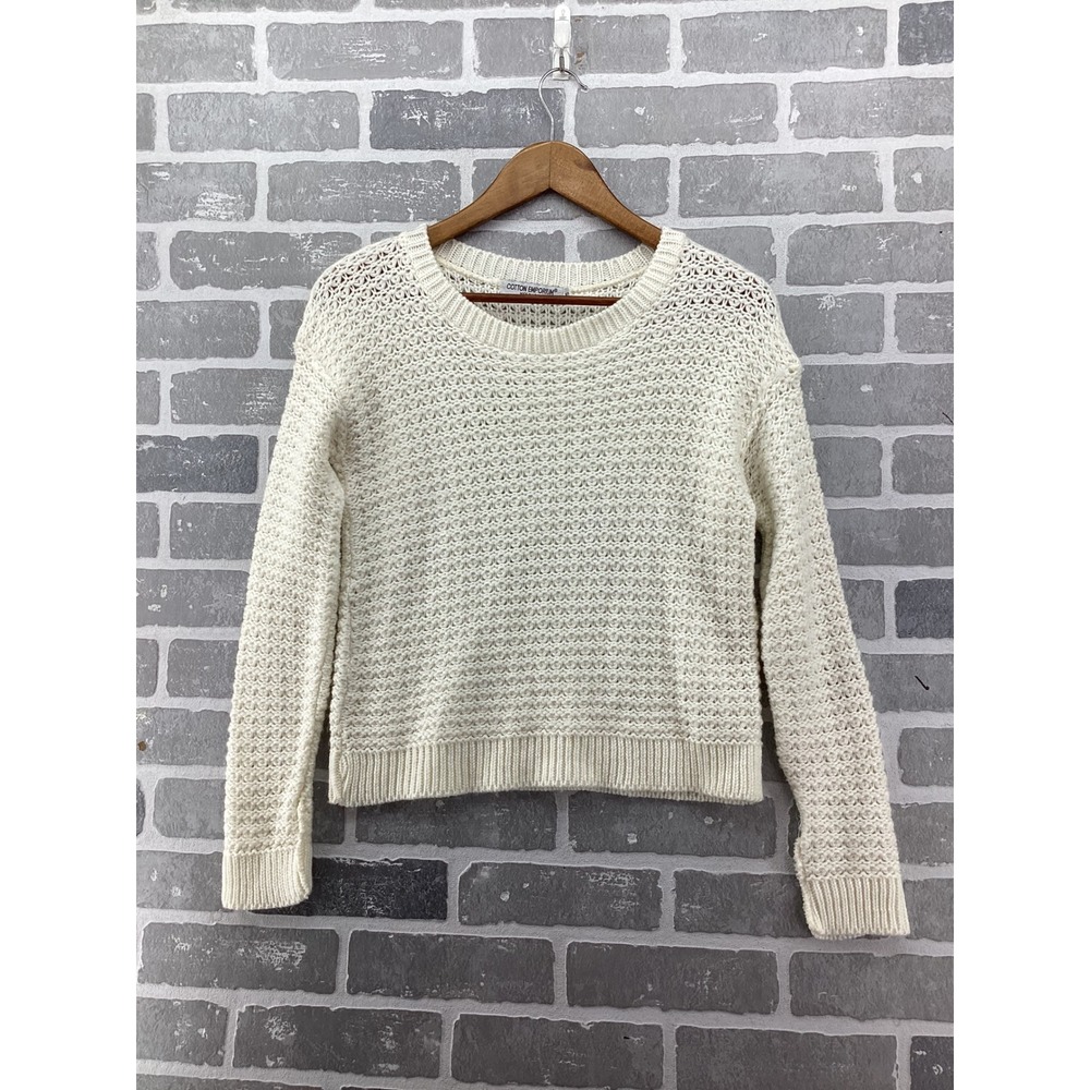 Cotton Emporium Cream Knit Sweater Womens Small Crew Neck Crochet Pullover USA